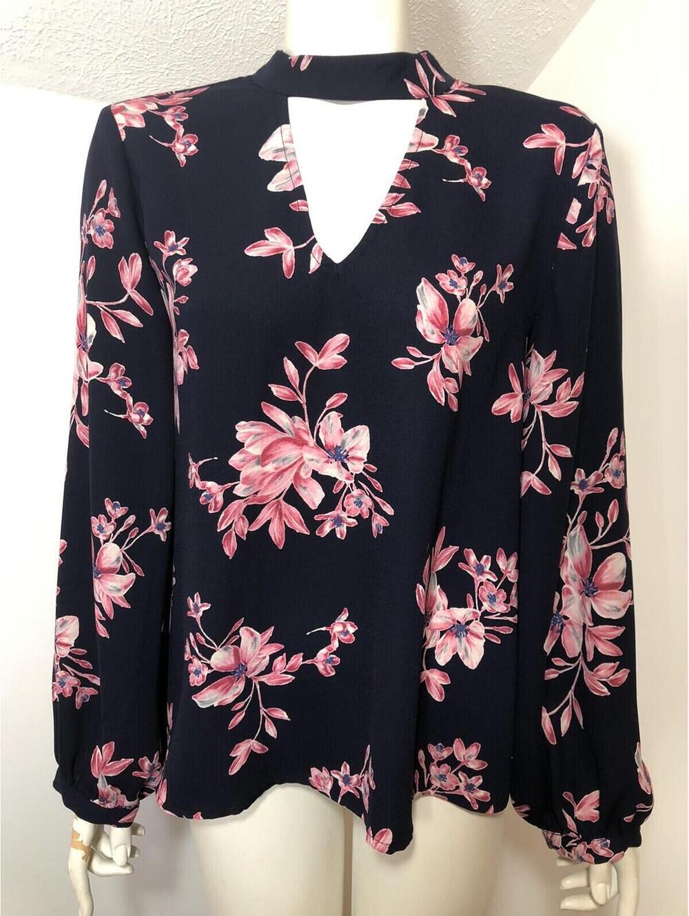 Eclair Ladies Medium Top Black Pink Floral Neck Cutout Long Sleeves Button Back